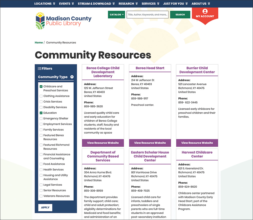 Madison County Public Library community resources screenshot