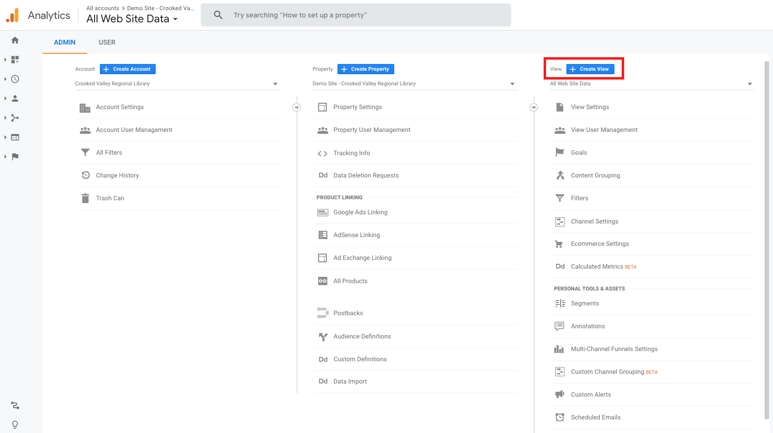 Screenshot - Google Analytics Admin Dashboard