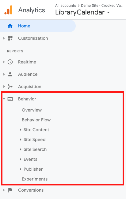 Screenshot - Google Analytics Behavior Menu