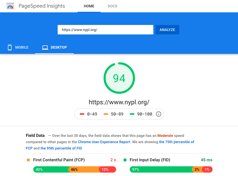 Screenshot - Google PageSpeed Insights Test Results for Desktop